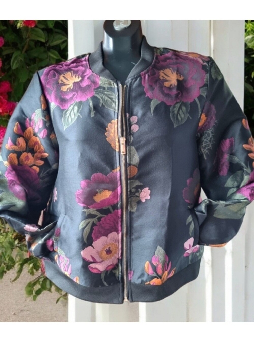 Le Chateau Black Floral Satiny Bomber Jacket Size M